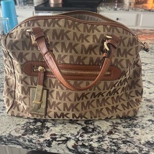 Michael Kors Tan and Brown MK Monogram Dome Satchel